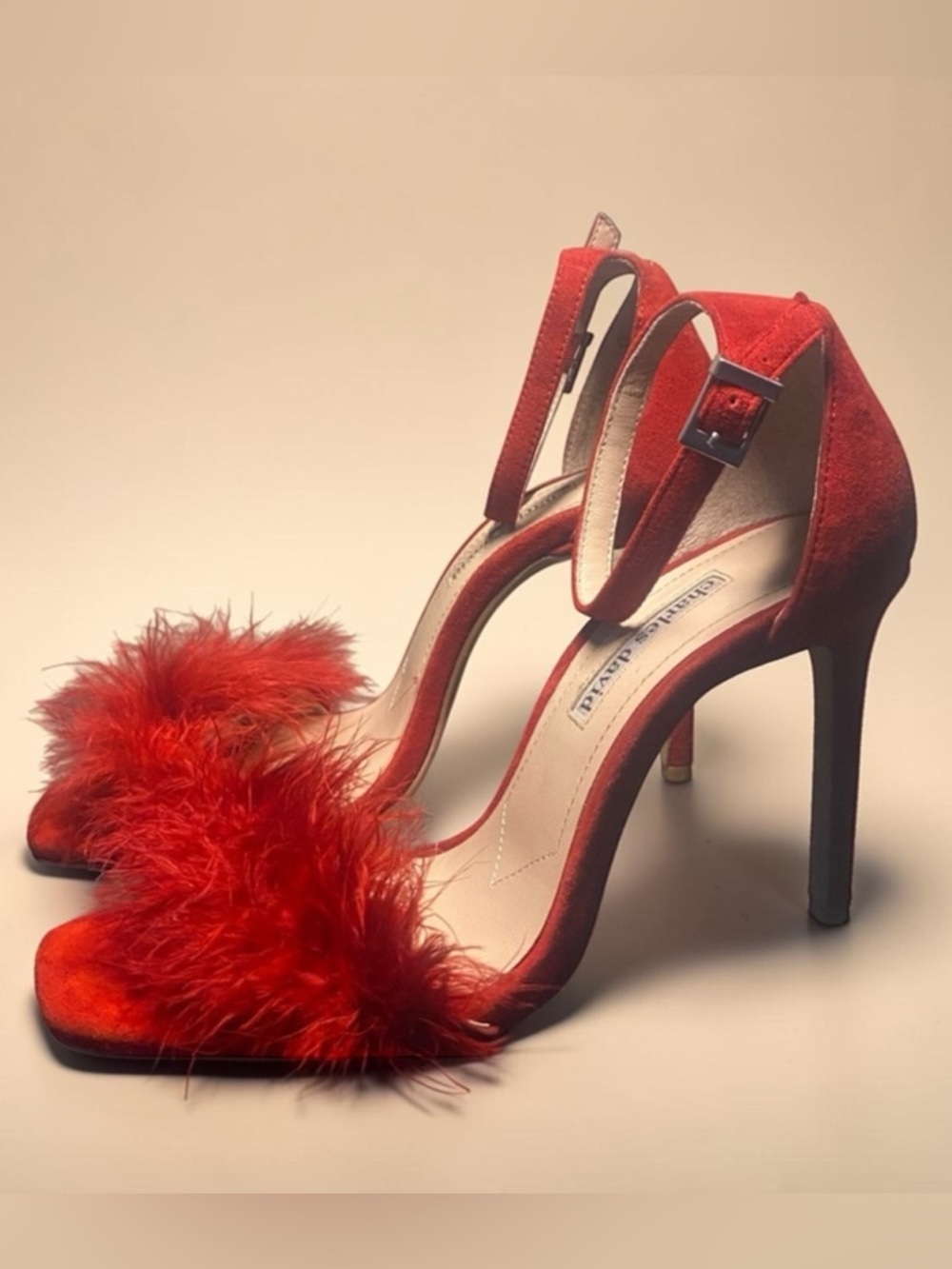 CHARLES DAVID Red Feathered Heels